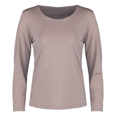 A women's long-sleeve athletic top in a muted taupe or dusty mauve color, featuring a wide scoop neckline and a fitted silhouette, shown against a plain white background.