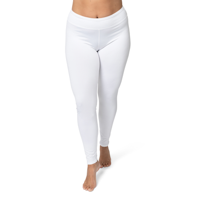 White leggings worn by a person on a white background