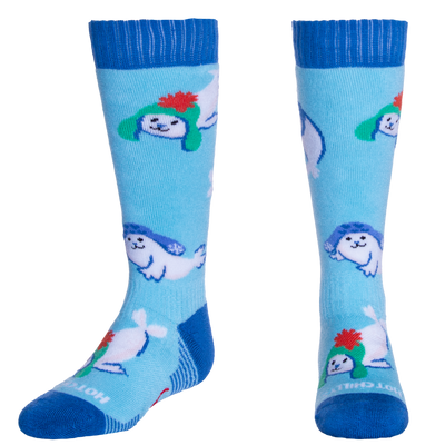 Pair of socks with seal cartoon character design on a light blue background