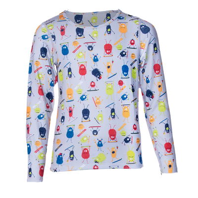 Hot Chillys kids thermal base layer shirt with colorful cartoon monster print and long sleeves