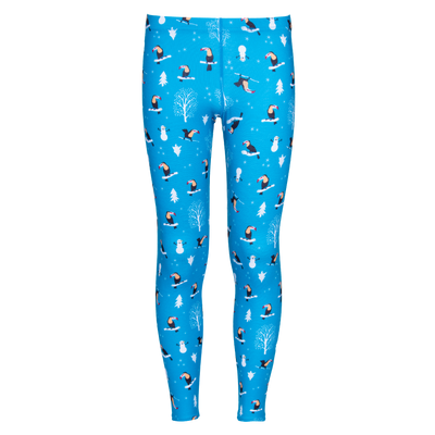 Hot Chillys kids thermal leggings in blue with winter toucans print