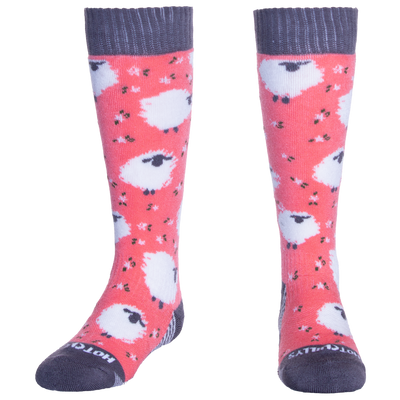 Hot Chillys kids thermal winter socks in pink with white sheep pattern and gray cuffs and toes