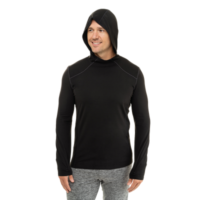 Hot Chillys men's winter thermal hoodie in black with hood and long sleeves for cold weather