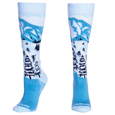 Hot Chillys mid volume cold weather socks with mountain and skier design in blue and white