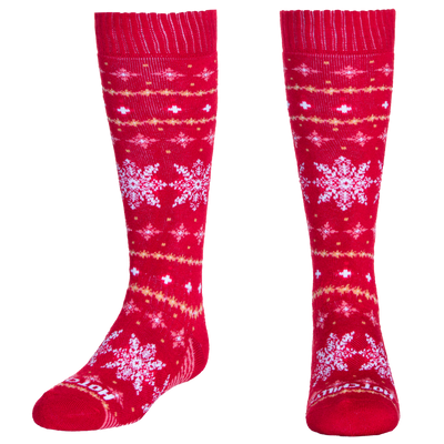 Red socks with snowflake pattern on a white background