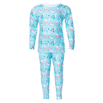 Hot Chillys toddler thermal base layer set with long sleeves and pants in light blue with colorful character prints