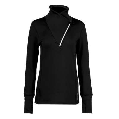 Hot Chillys women's thermal zip pullover in black with asymmetrical zipper and long sleeves