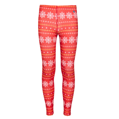 Hot Chillys youth winter base layer tights in red with white snowflake pattern for cold weather