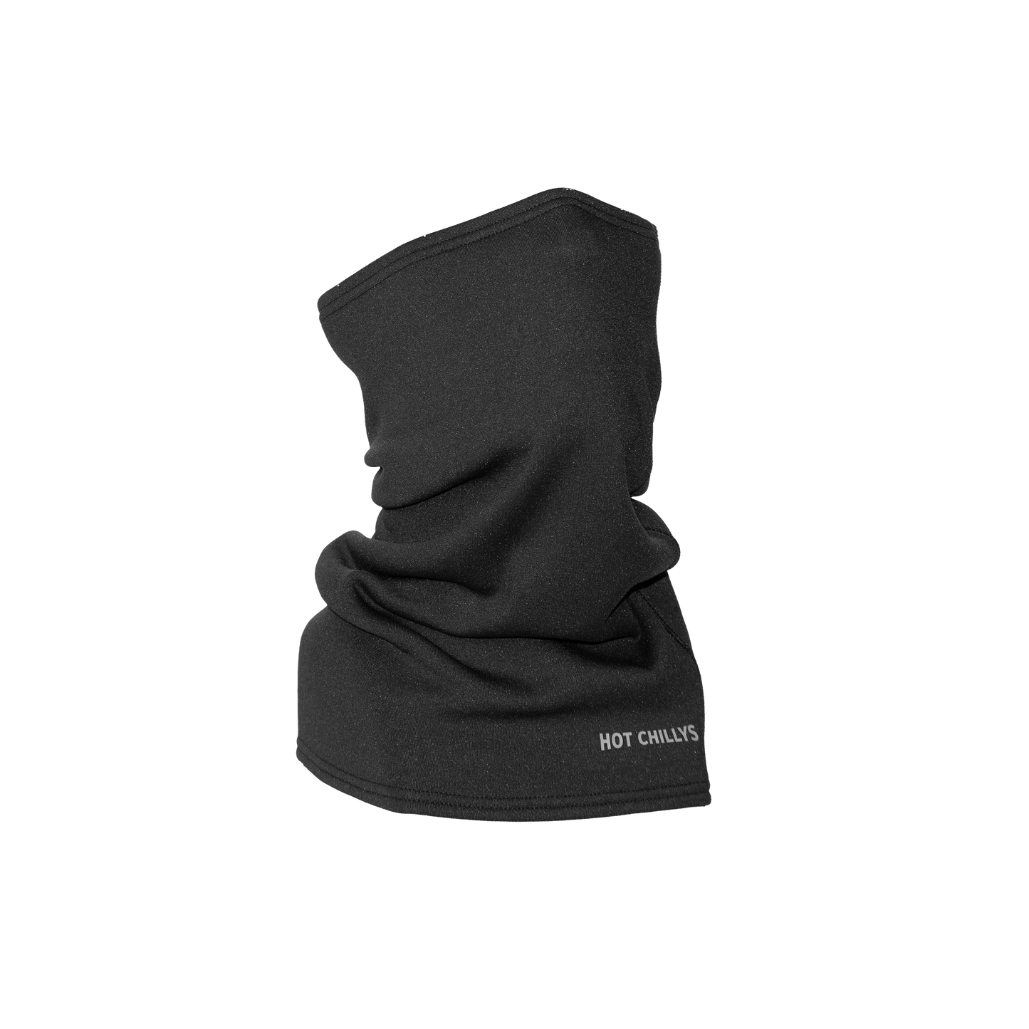 A black fleece neck gaiter or balaclava shown on a plain white background, with the brand name 'HOT CHILLYS' printed in white on the lower right edge.