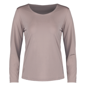 A women's long-sleeve athletic top in a muted taupe or dusty mauve color, featuring a wide scoop neckline and a fitted silhouette, shown against a plain white background.