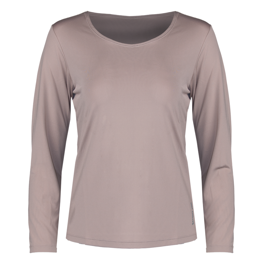 A women's long-sleeve athletic top in a muted taupe or dusty mauve color, featuring a wide scoop neckline and a fitted silhouette, shown against a plain white background.
