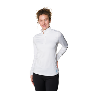 Woman wearing a white long-sleeve shirt on a white background