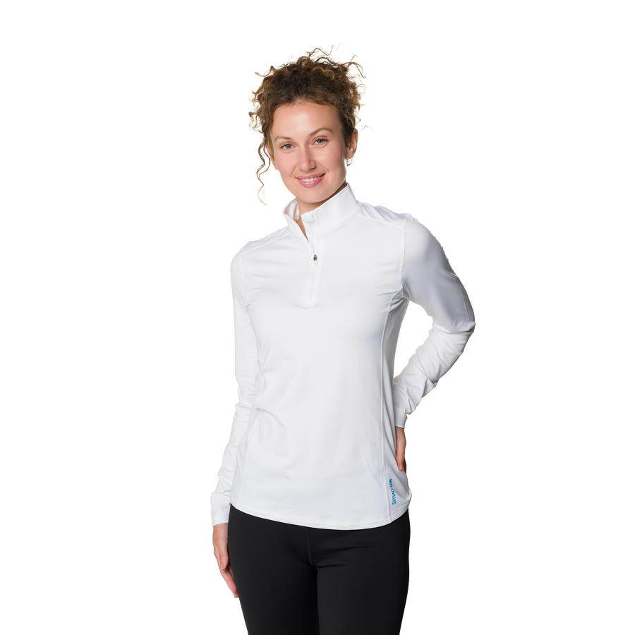 Woman wearing a white long-sleeve shirt on a white background