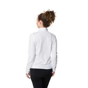 Woman wearing a white long-sleeve shirt on a white background