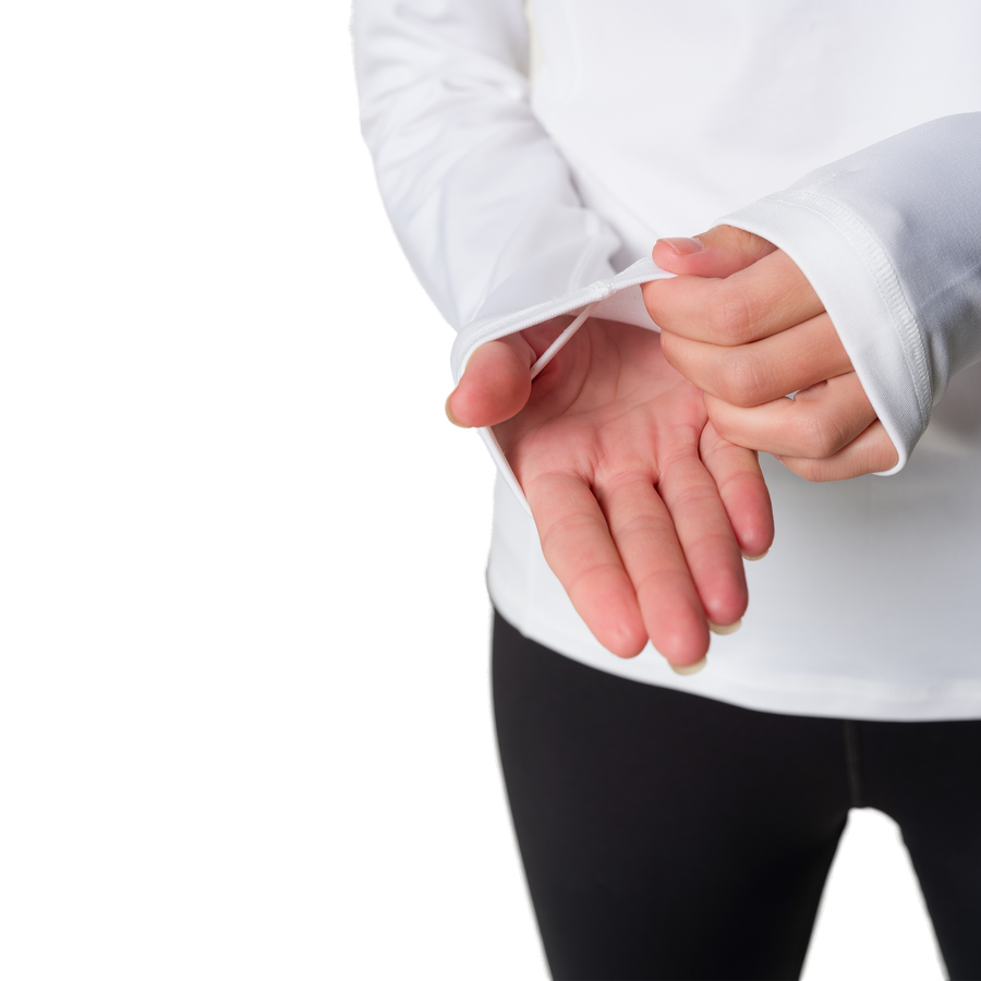 Person wearing a white long-sleeve shirt and black pants on a white background
