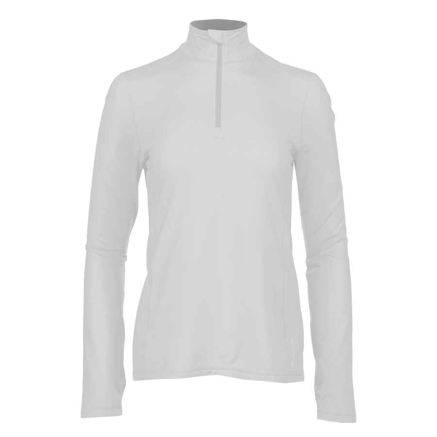 White long-sleeve shirt with a quarter zip on a white background