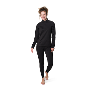A woman modeling a black long-sleeve quarter-zip pullover and matching black leggings against a plain white background.