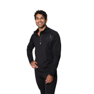 Man wearing a black long-sleeve shirt with a brand logo on a white background