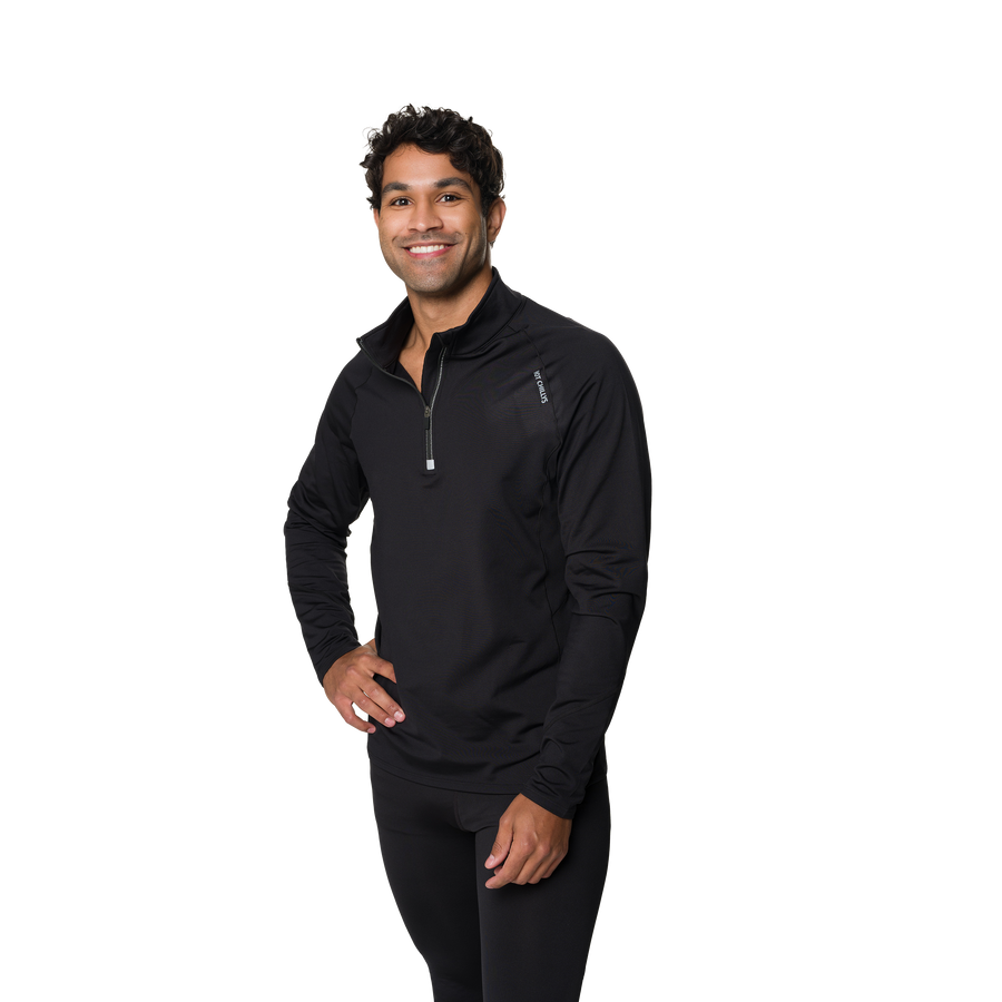 Man wearing a black long-sleeve shirt with a brand logo on a white background