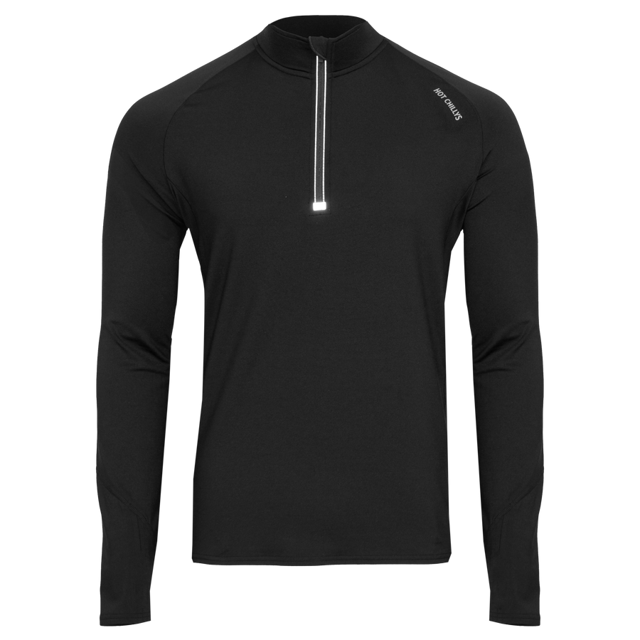 Black long-sleeve athletic shirt with a zipper on a white background