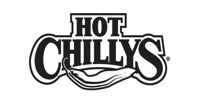 Black and white logo of 'Hot Chillys' with a chili pepper graphic on a white background