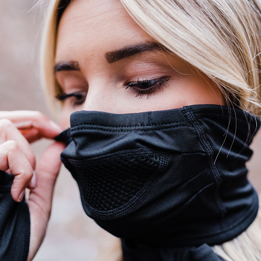 Woman wearing Hot Chillys winter face protection mask