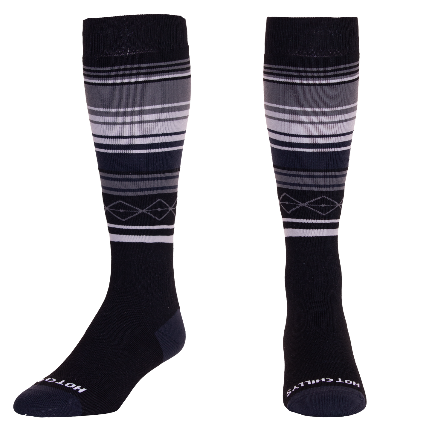 Hot Chillys black and grey winter socks with striped pattern and knee-high length for cold weather