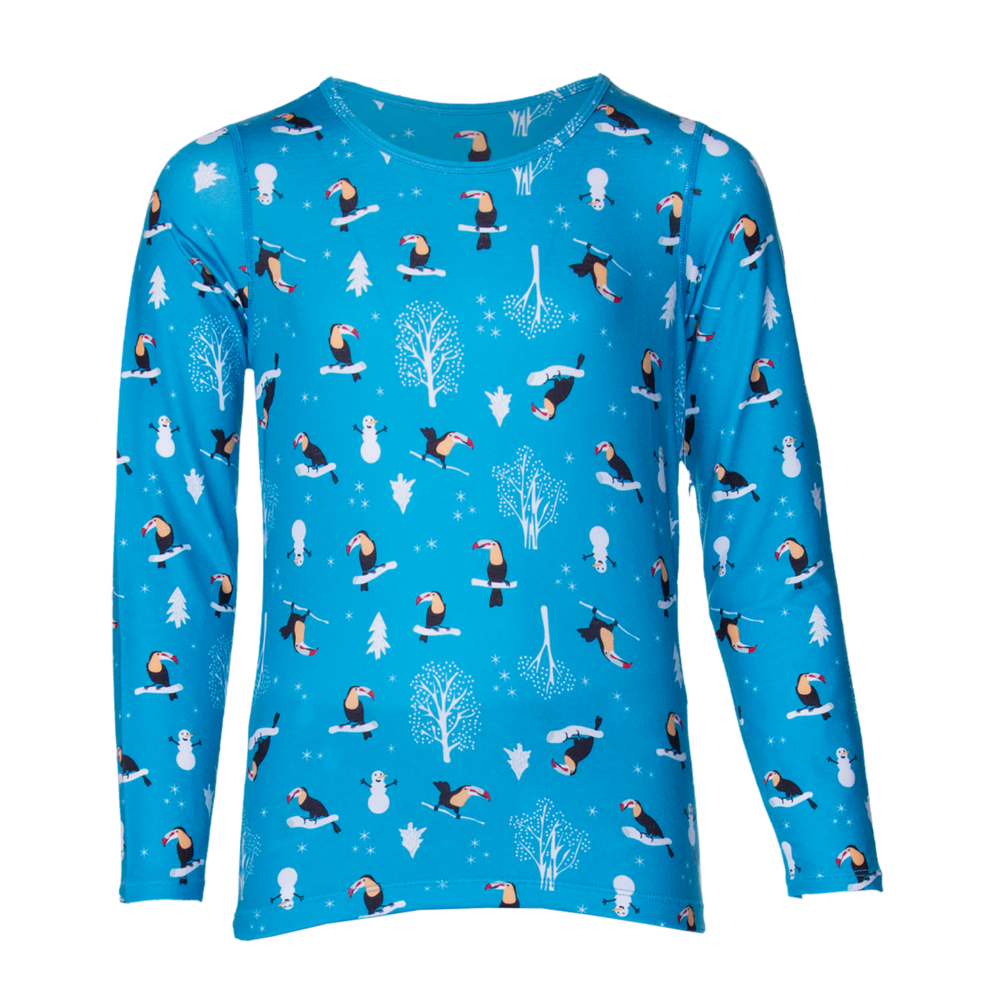 Hot Chillys children's long sleeve thermal crew in blue with winter-themed toucan and snowman print