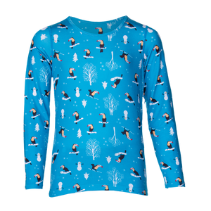 Hot Chillys children's long sleeve thermal crew in blue with winter-themed toucan and snowman print