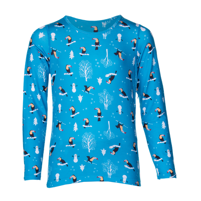 Hot Chillys children's long sleeve thermal crew in blue with winter-themed toucan and snowman print