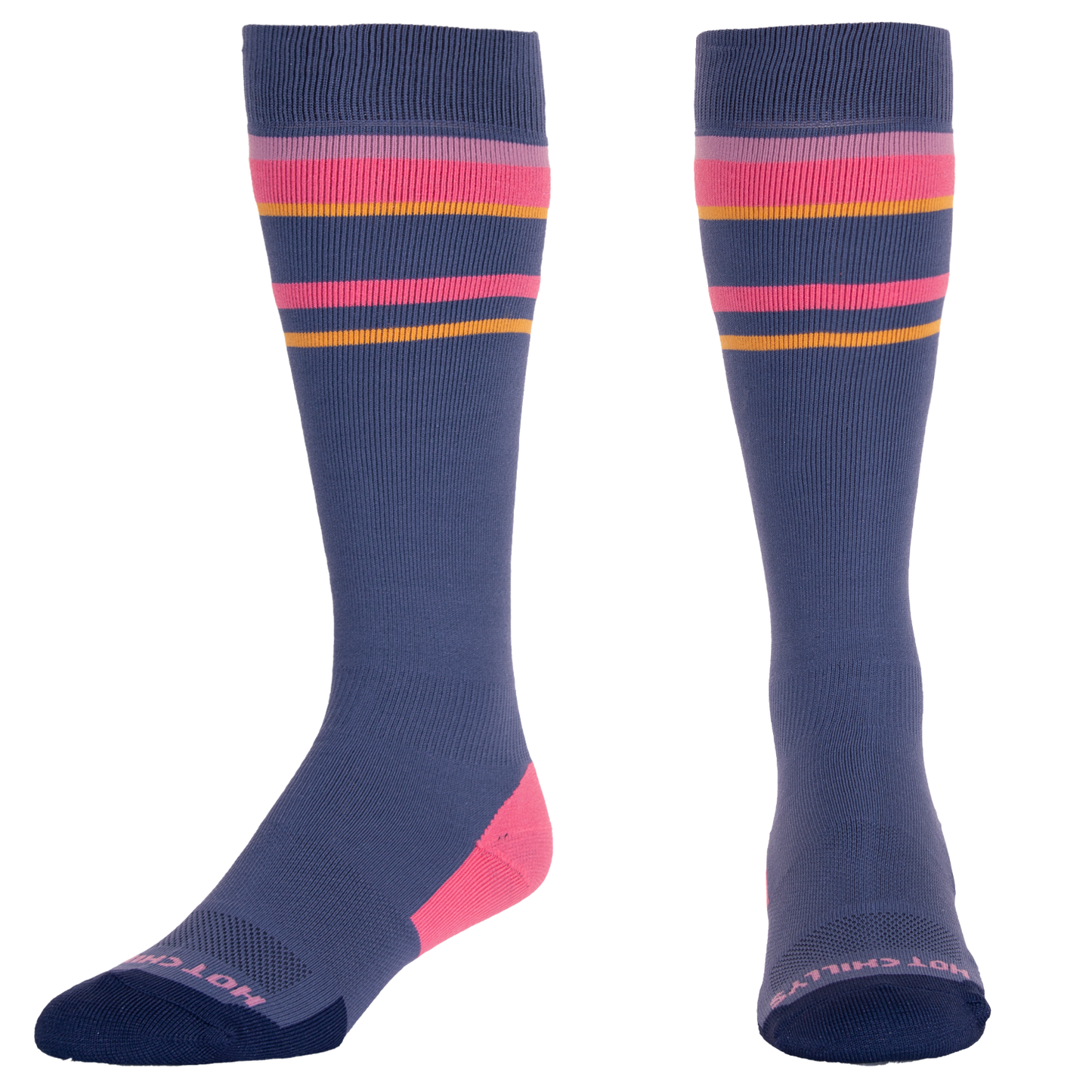 Hot Chillys elite thermal socks for winter sports in navy with pink and orange stripes