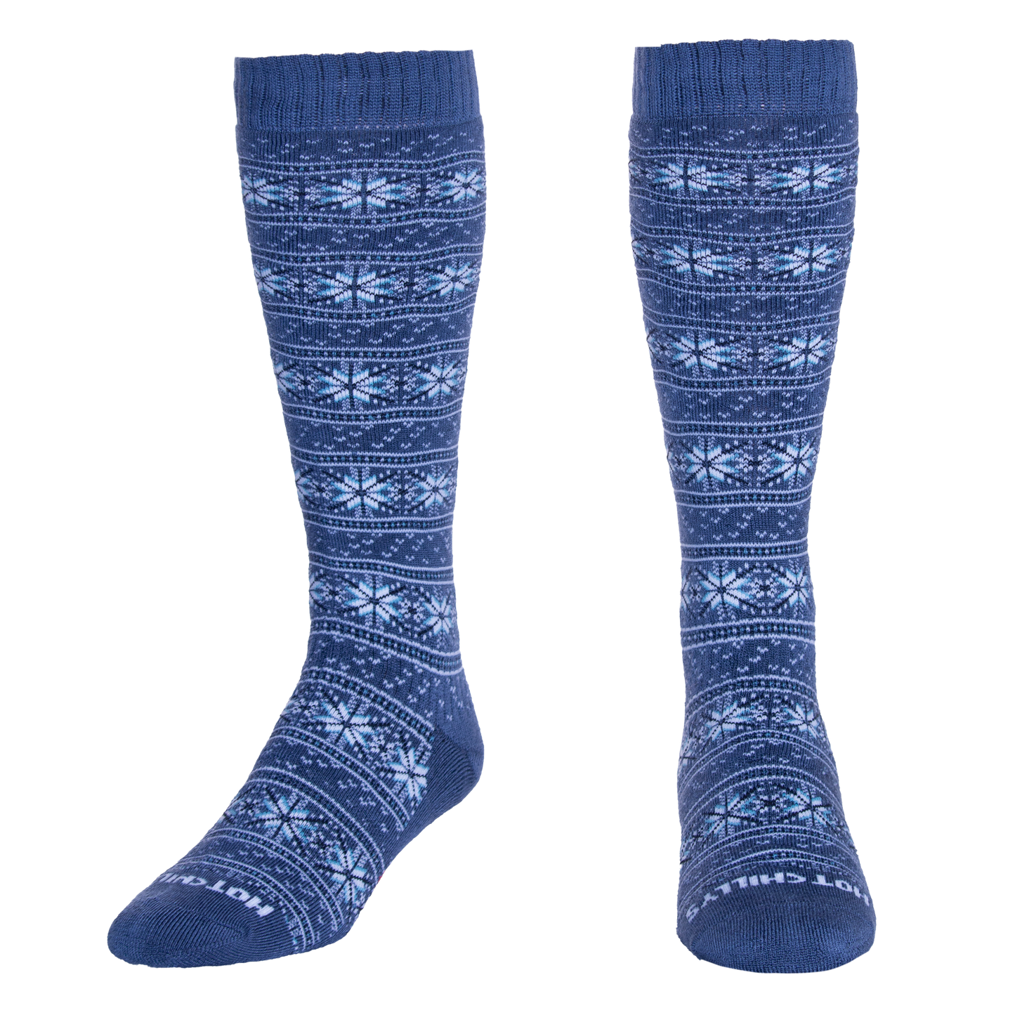 Hot Chillys Fairisle mid volume ski socks in blue with snowflake pattern and ribbed cuff