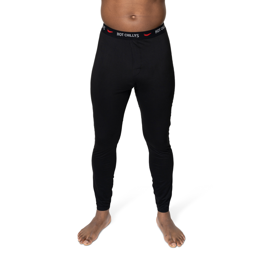Hot Chillys men's thermal base layer pants in black with elastic waistband for cold weather