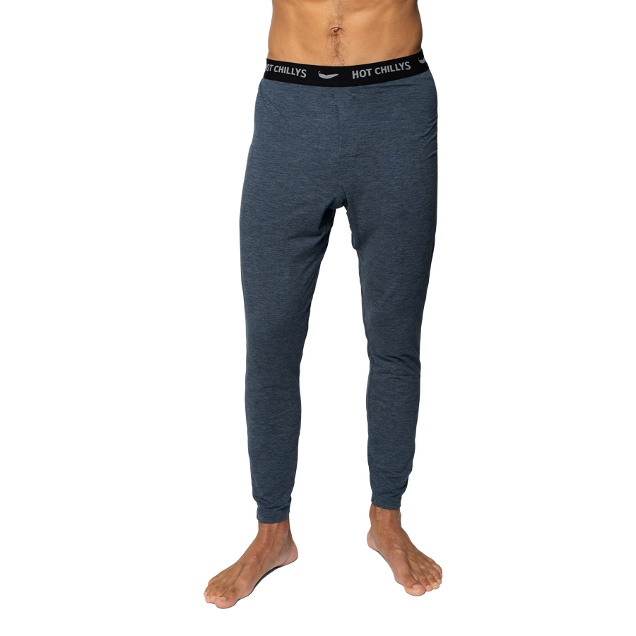 Hot Chillys men's thermal base layer pants in dark gray with elastic waistband for warmth