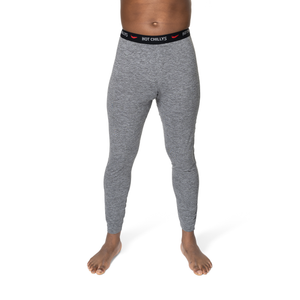 Hot Chillys men's thermal base layer pants in gray with branded waistband for cold weather comfort
