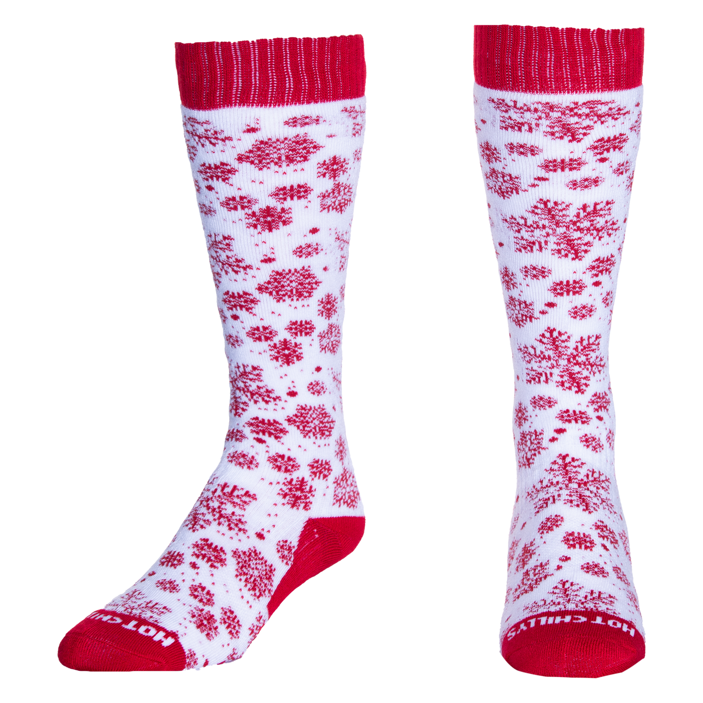 White socks with red snowflake pattern and red cuffs and toes on a white background