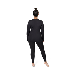 Back view of women's black thermal crewneck long sleeve top by Hot Chillys fitted for warmth