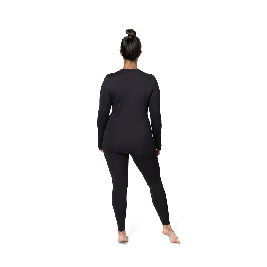 Back view of women's black thermal crewneck long sleeve top by Hot Chillys fitted for warmth