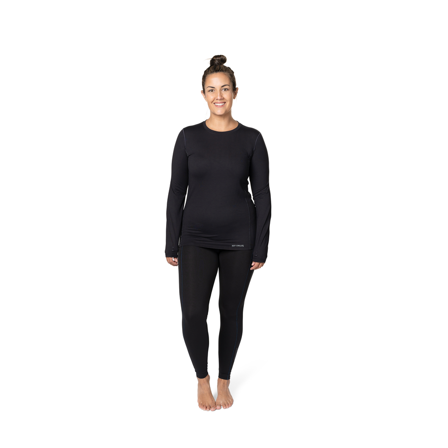 Hot Chillys women's black thermal crewneck long sleeve top for cold weather layering