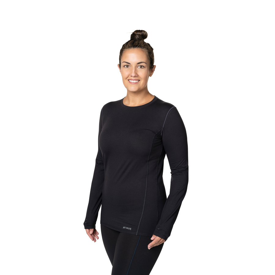 Hot Chillys women's black thermal crewneck long sleeve top with thumbholes for warmth