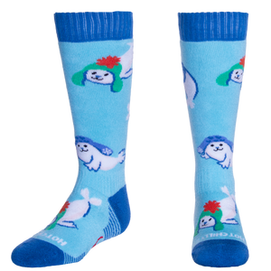 Pair of socks with seal cartoon character design on a light blue background