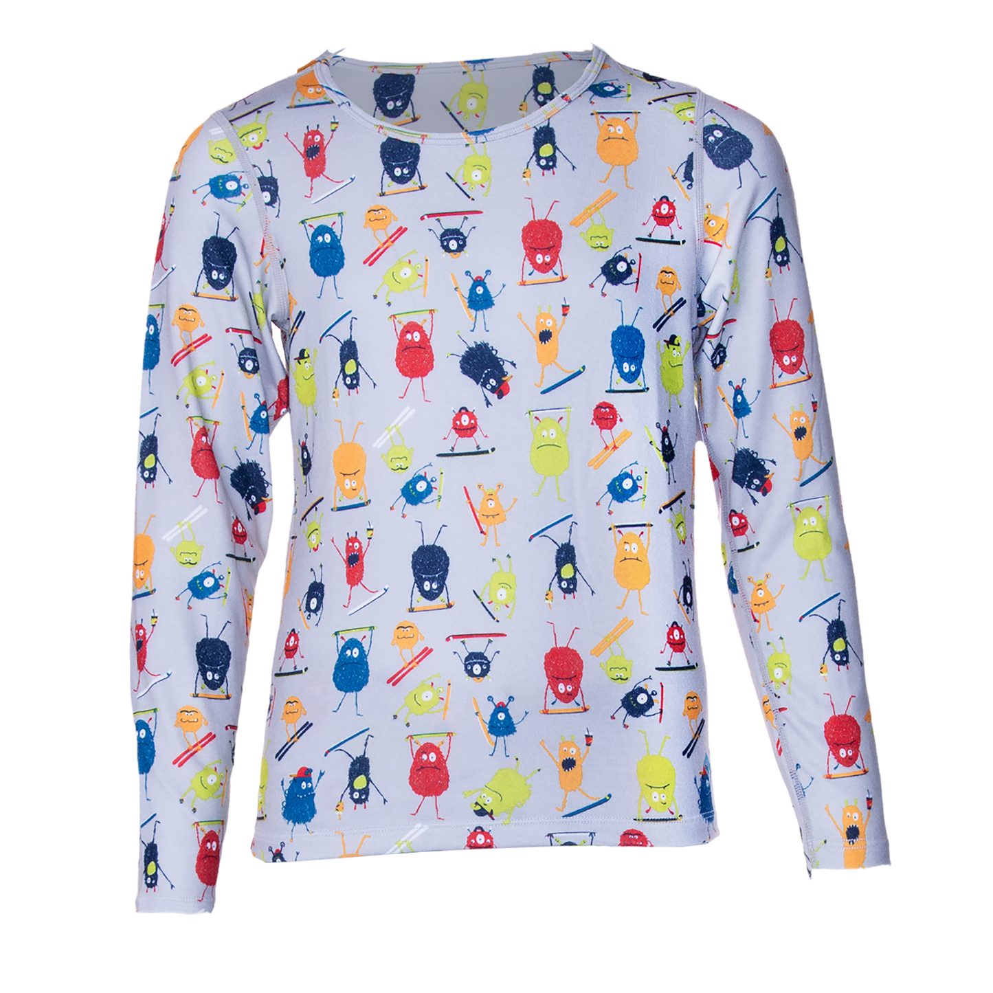 Hot Chillys kids thermal base layer shirt with colorful cartoon monster print and long sleeves