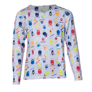 Hot Chillys kids thermal base layer shirt with colorful cartoon monster print and long sleeves