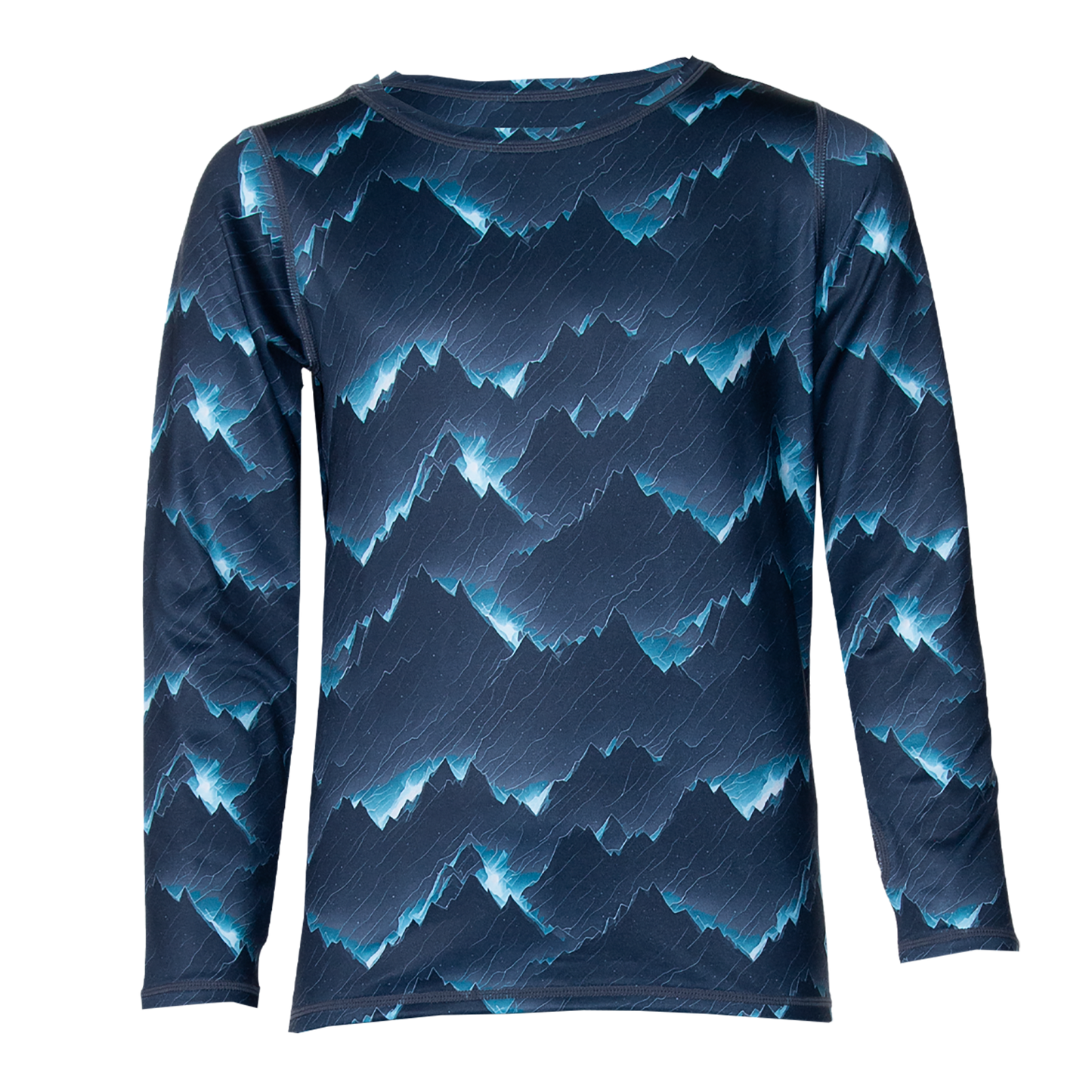Hot Chillys kids thermal base layer shirt crewneck with blue mountain pattern and long sleeves