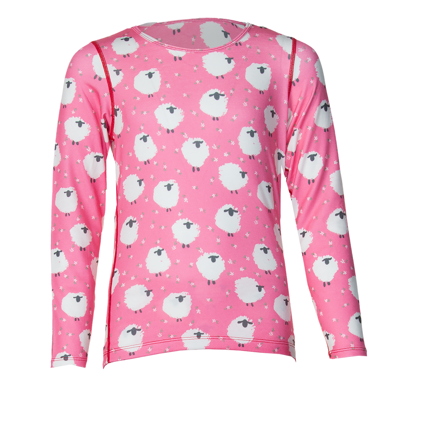 Hot Chillys kids thermal base layer shirt crewneck in pink with white sheep pattern