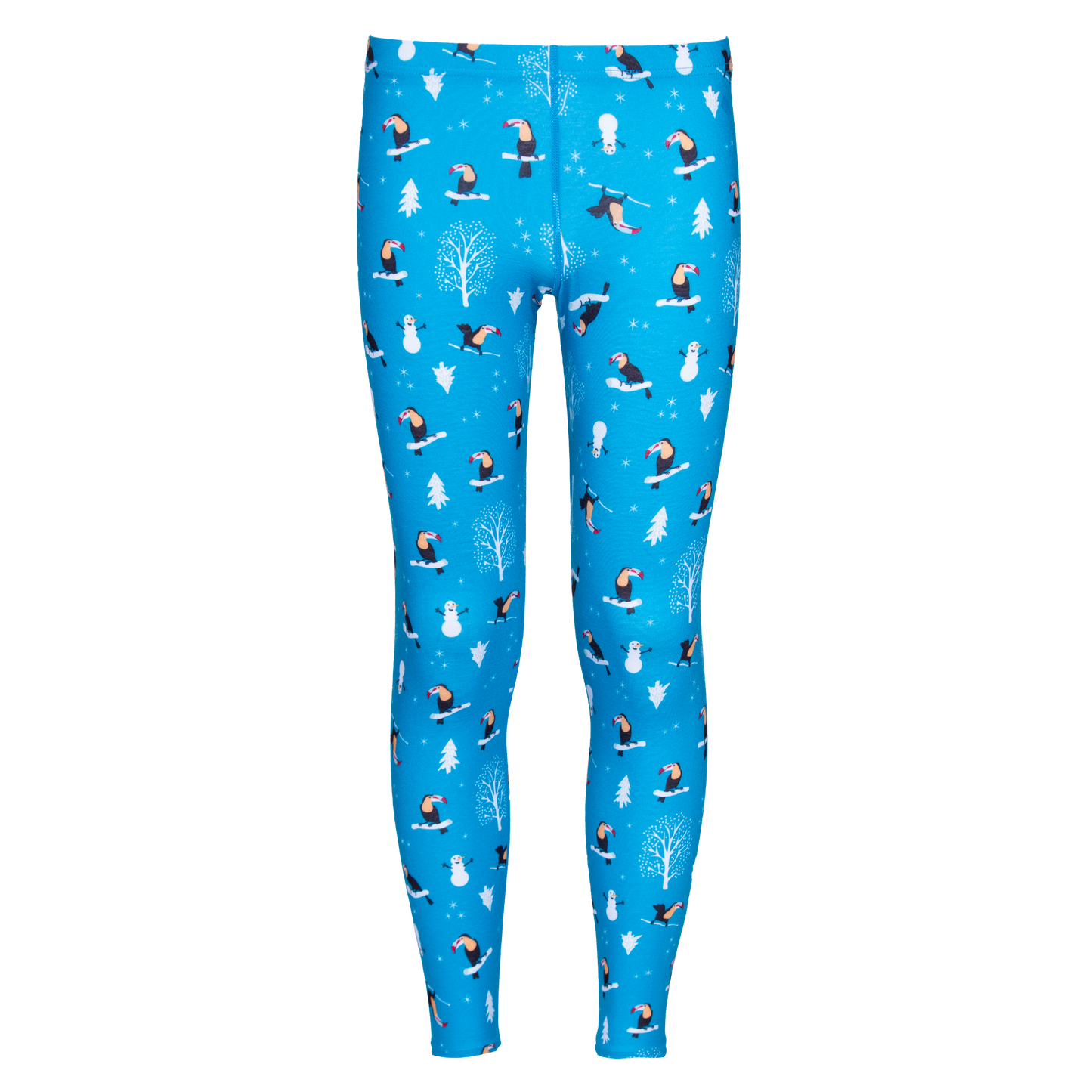 Hot Chillys kids thermal leggings in blue with winter toucans print