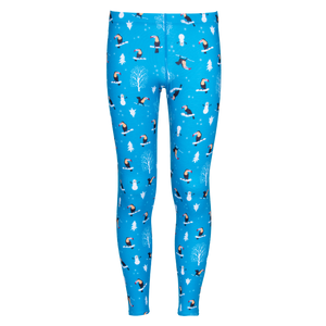 Hot Chillys kids thermal leggings in blue with winter toucans print