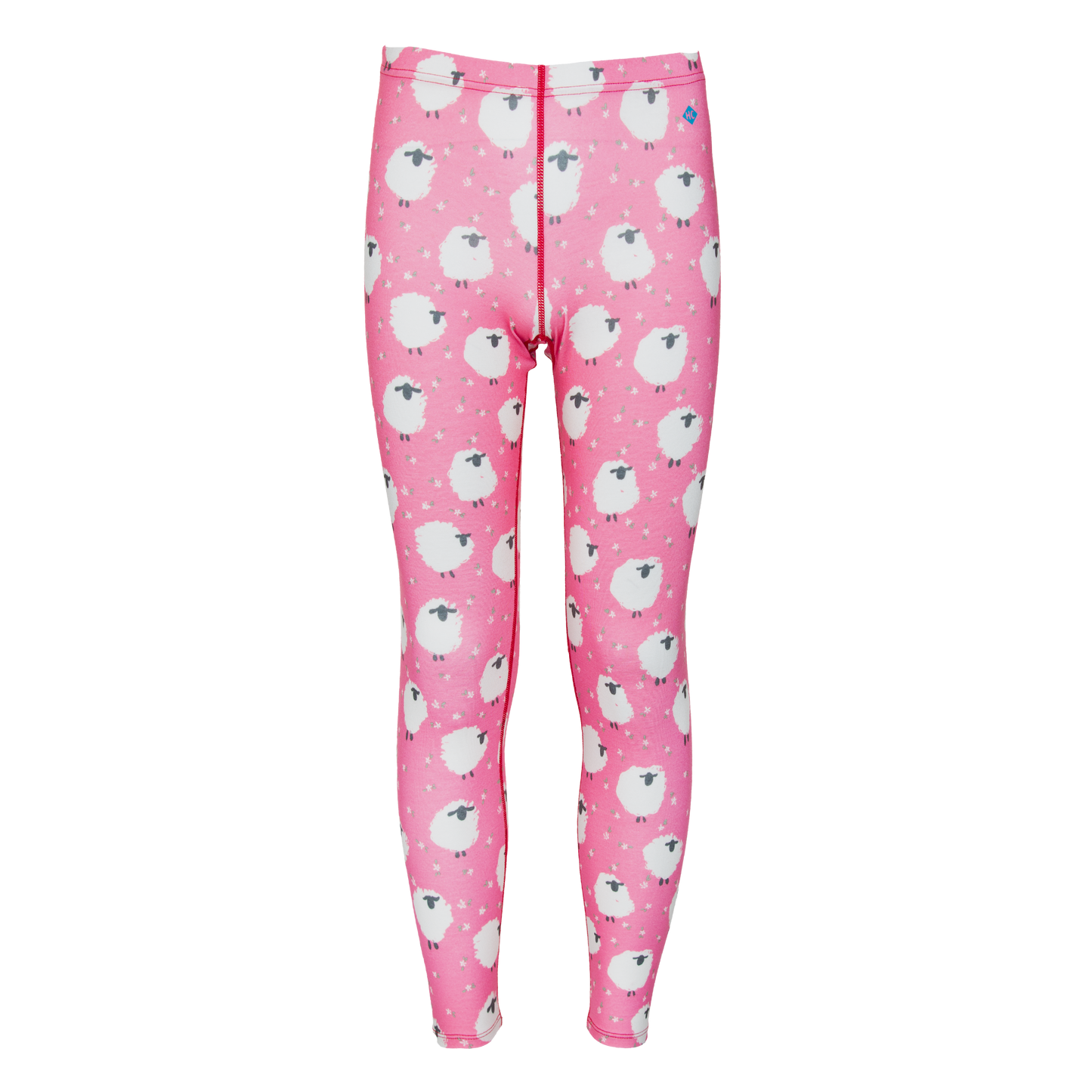 Hot Chillys kids thermal leggings for winter in pink with white sheep pattern