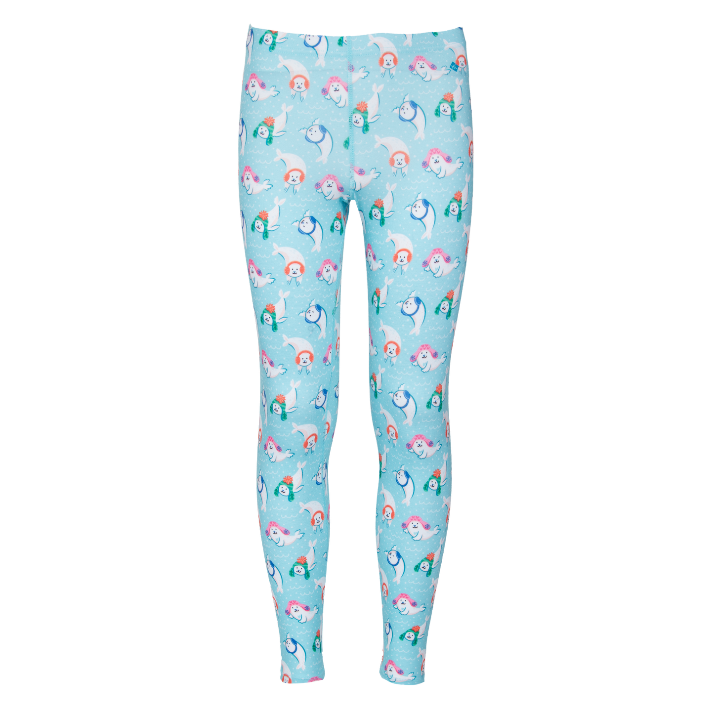 Hot Chillys kids thermal leggings winter in light blue with colorful seal patterns