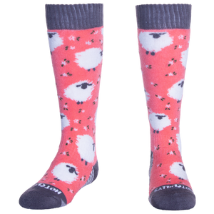 Hot Chillys kids thermal winter socks in pink with white sheep pattern and gray cuffs and toes
